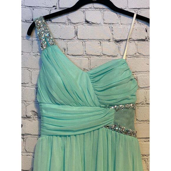 City Studio Formal Dress Size 5 Light Turquoise Bead Detail One Shoulder - Picture 3 of 14